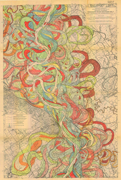 Fisk’s Mississippi River map showcasing vibrant historical paths in overlapping colors on a vintage map.
