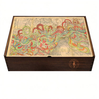 Elegant wooden puzzle box featuring Fisk's colorful Mississippi River map design.