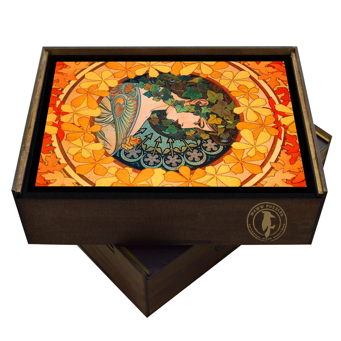 Wooden jigsaw puzzle box with assembled Alphonse Mucha's Byzantine Heads puzzle - Art Nouveau style, vibrant colors - WAWW Puzzles
