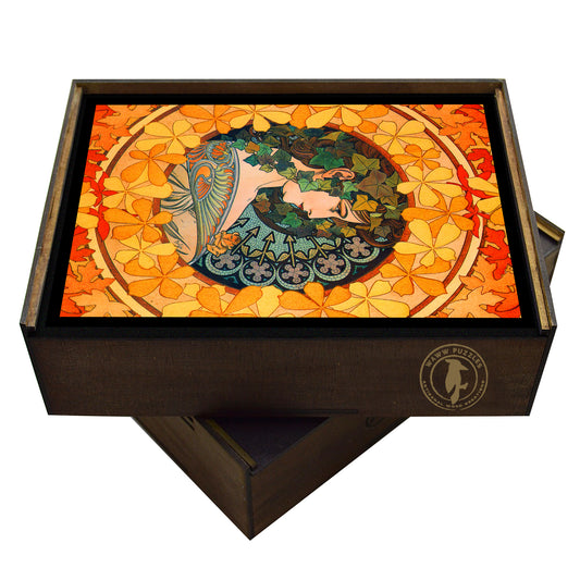 Wooden jigsaw puzzle box with assembled Alphonse Mucha's Byzantine Heads puzzle - Art Nouveau style, vibrant colors - WAWW Puzzles