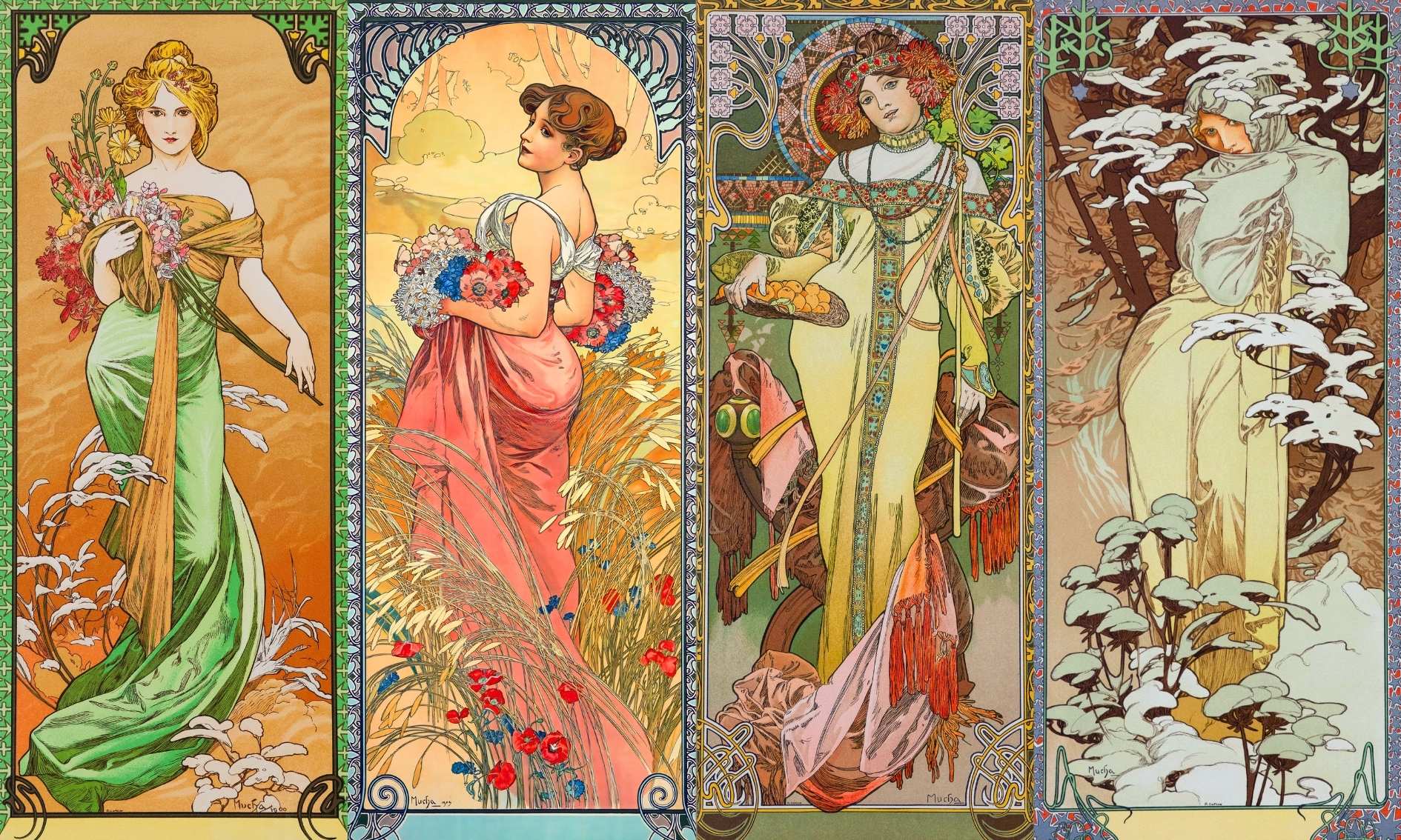 Alphonse Mucha's 'Seasons' featuring four women representing each season with soft pastel colors