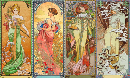 Alphonse Mucha's 'Seasons' featuring four women representing each season with soft pastel colors