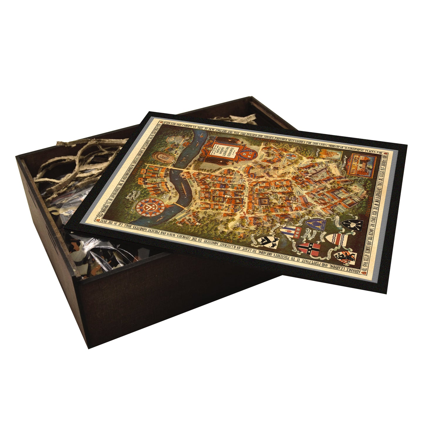 Vintage Harvard University map wooden jigsaw puzzle.  1936 Tercentenary edition featuring campus buildings, Radcliffe College, and historical details.  Intricate cuts, handcrafted puzzle.