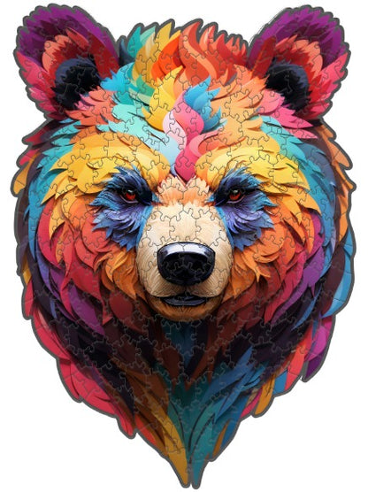 Colorful bear, Wooden Jigsaw Puzzle: Stylized bear with a vibrant, patterned body. Intricate wooden puzzle.