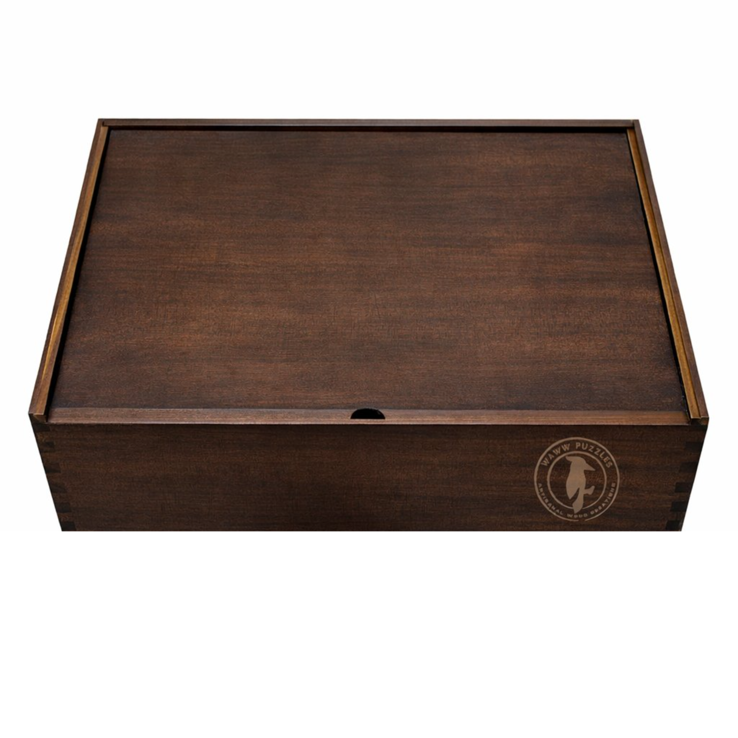Wooden box with a logo on a white background