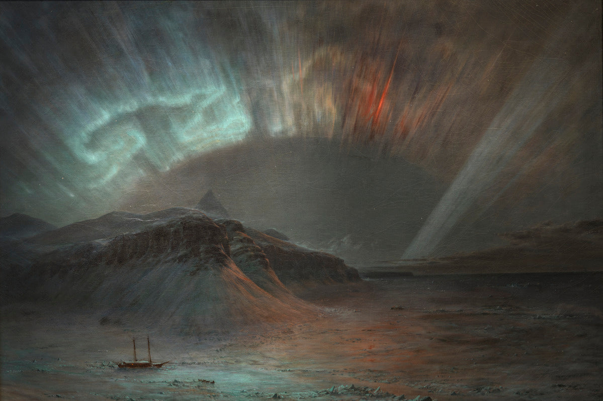 Frederic Edwin Church's Aurora Borealis, showcasing vibrant northern lights over an icy Arctic scene.