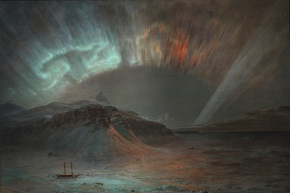 Frederic Edwin Church's Aurora Borealis, showcasing vibrant northern lights over an icy Arctic scene.