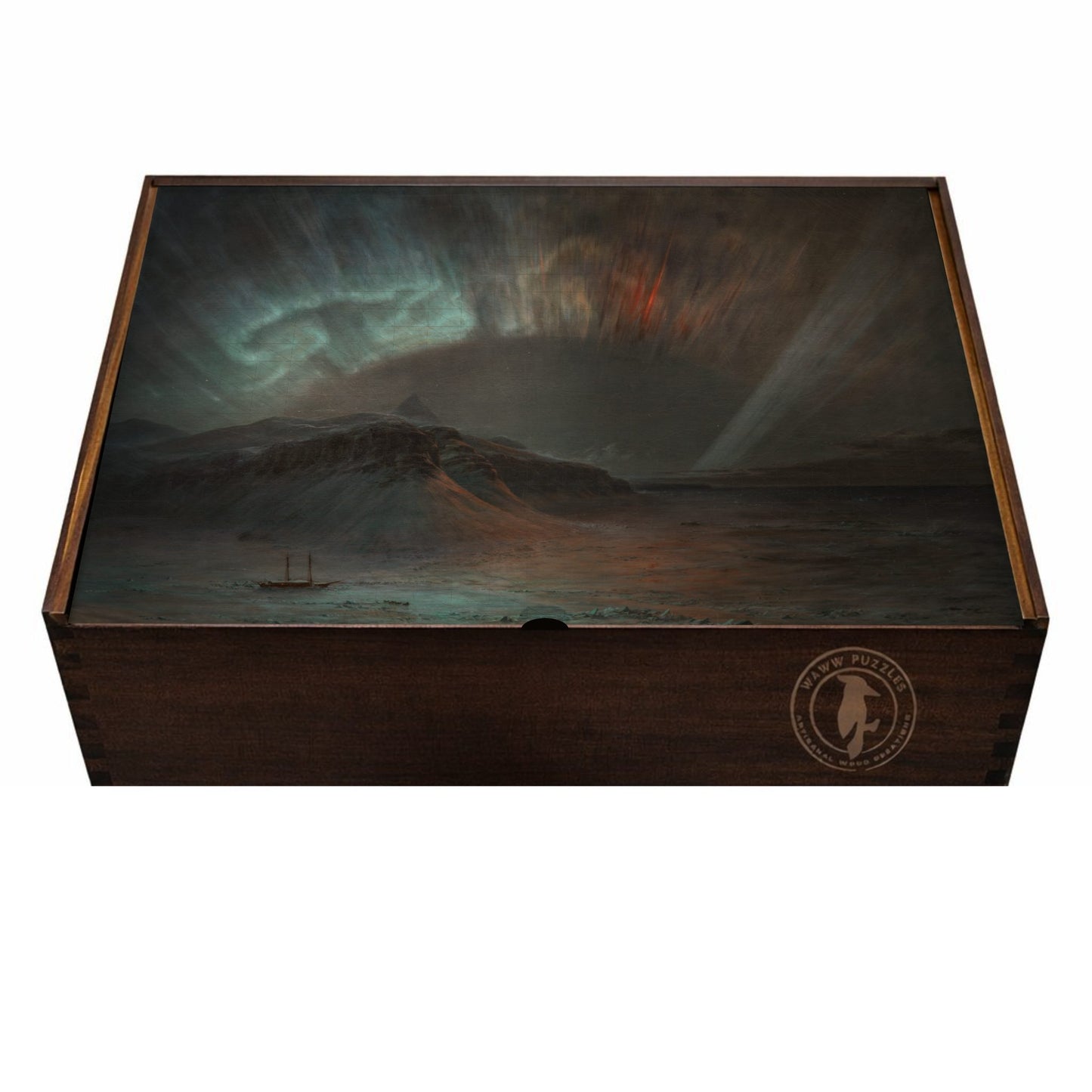 Elegant puzzle box featuring Frederic Edwin Church's Aurora Borealis with artisanal detailing.