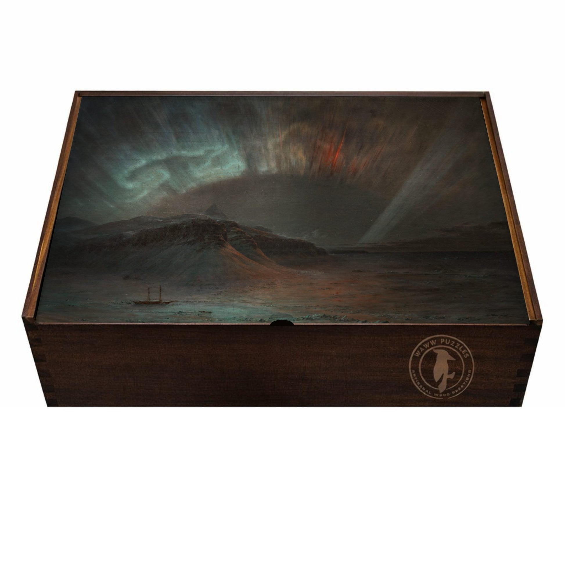 Elegant puzzle box featuring Frederic Edwin Church's Aurora Borealis with artisanal detailing.