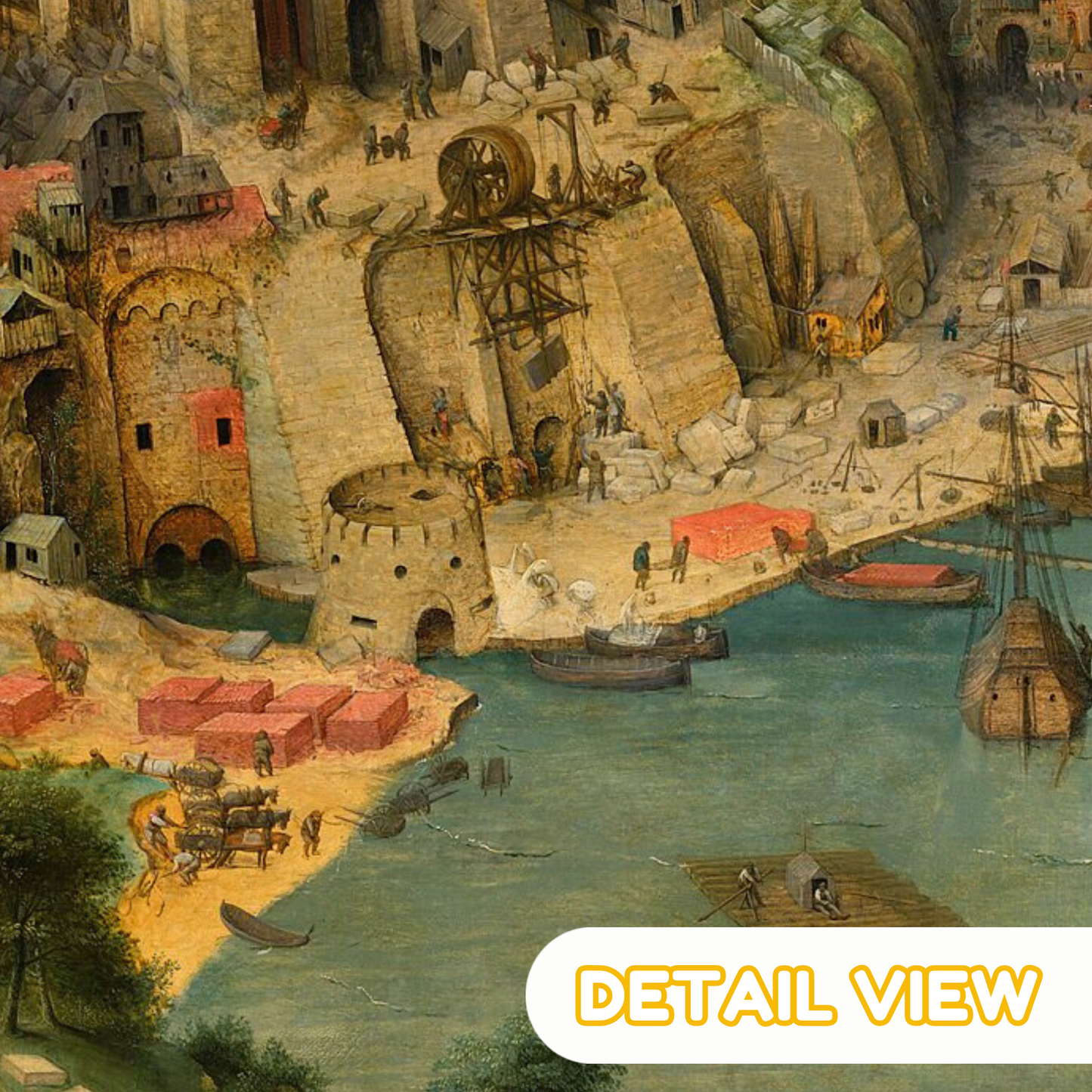 Detailed view of city buildings surrounding Bruegel’s Tower of Babel, capturing the densely packed medieval architecture in soft earth tones.