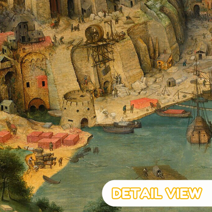 Detailed view of city buildings surrounding Bruegel’s Tower of Babel, capturing the densely packed medieval architecture in soft earth tones.