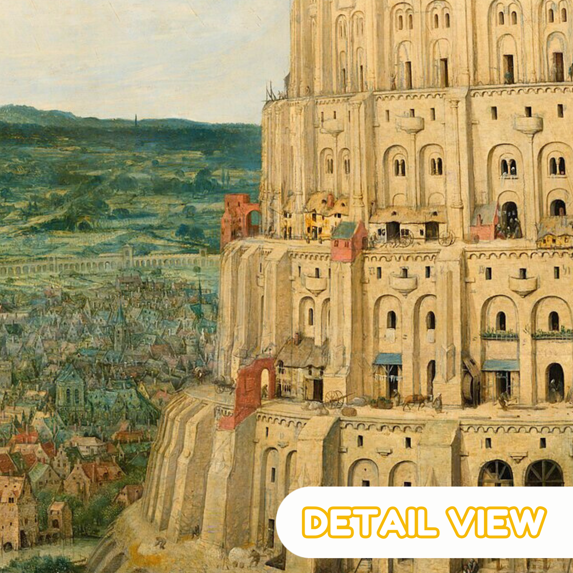 Art detail from Bruegel's Tower of Babel showing a royal figure with a procession of workers shaping stone blocks for the tower's base.