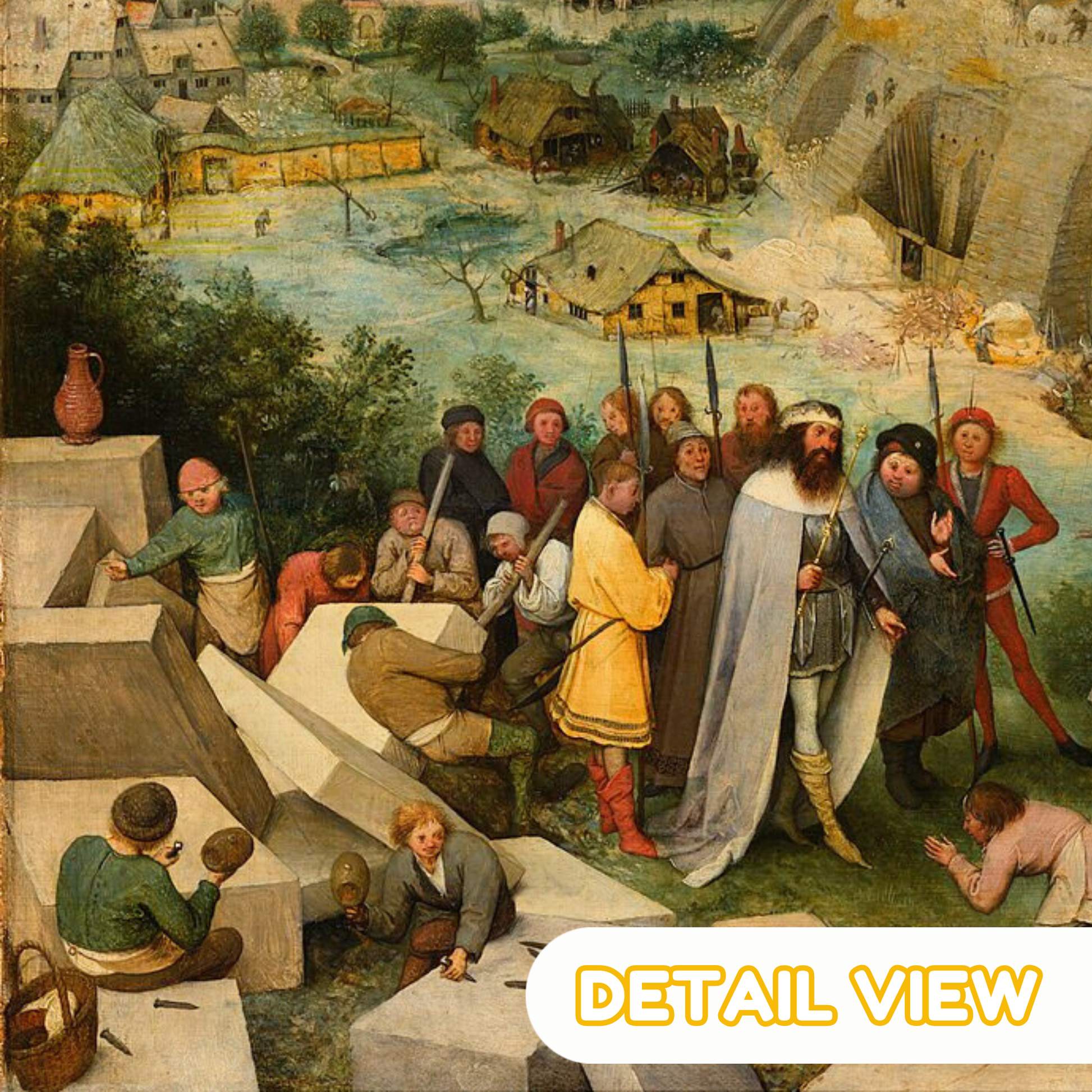 Detail view of Bruegel's Tower of Babel showing construction workers, scaffolding, and architectural layers in Northern Renaissance style.