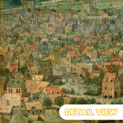 Close-up of the Tower of Babel mid-construction with carved rock, scaffolding, and panoramic countryside landscape in Bruegel’s classic painting.