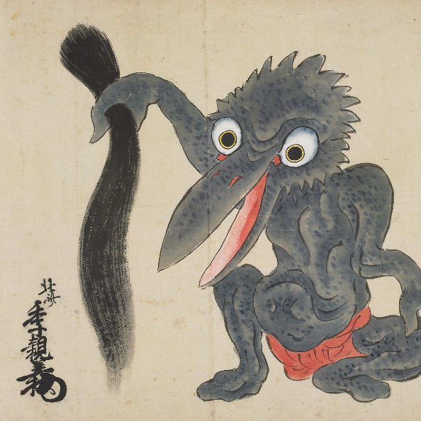 Illustration of a Japanese monster creature with a long tail on a beige background. Bakemono monster scroll