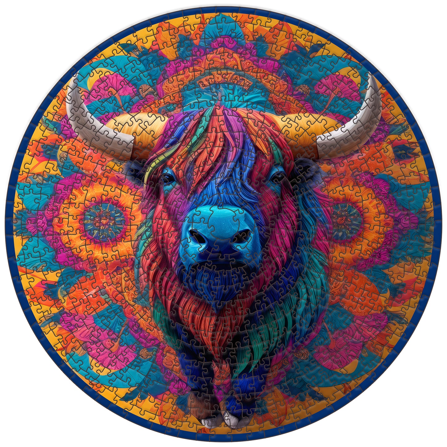 Highland Cow Round Wooden Puzzle: Vibrant, colorful portrait of a highland cow with large horns, centered in a mandala-inspired, circular wooden jigsaw puzzle.
