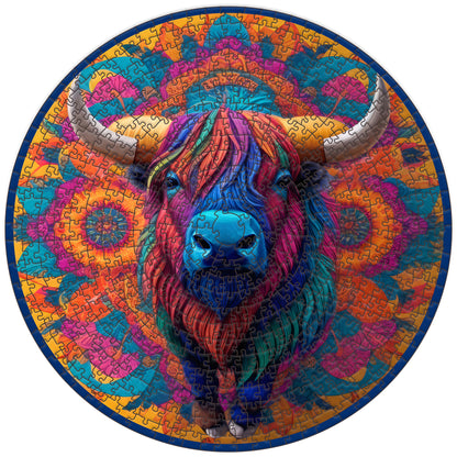 Highland Cow Round Wooden Puzzle: Vibrant, colorful portrait of a highland cow with large horns, centered in a mandala-inspired, circular wooden jigsaw puzzle.