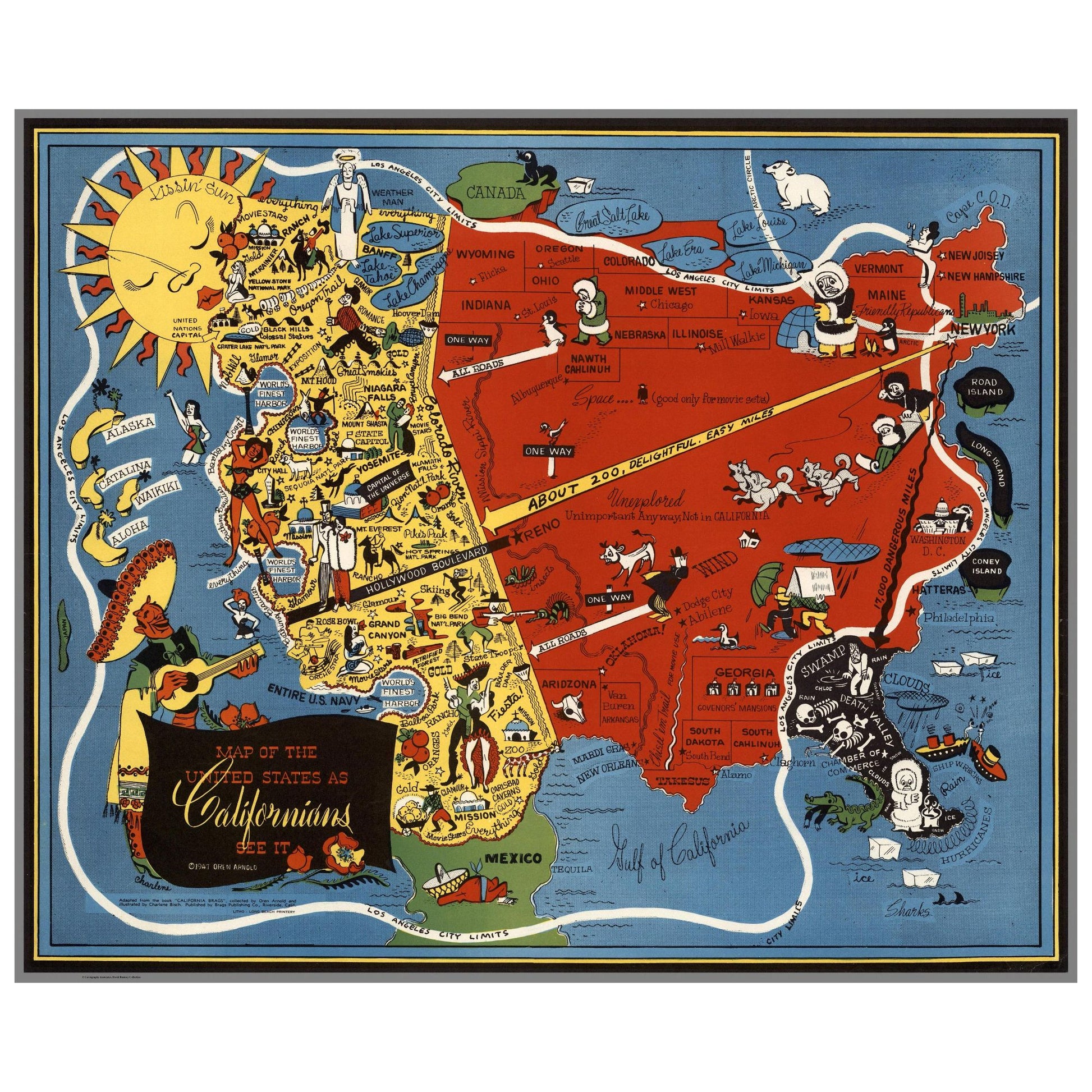 Vintage Map of the United States as Californians See It Wooden Puzzle - Humorous Map, 1930s - WAWW Puzzles