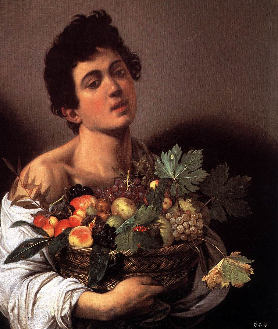 Caravaggio's Basket of Fruit depicting vibrant fruits in a wicker basket against a pale background.