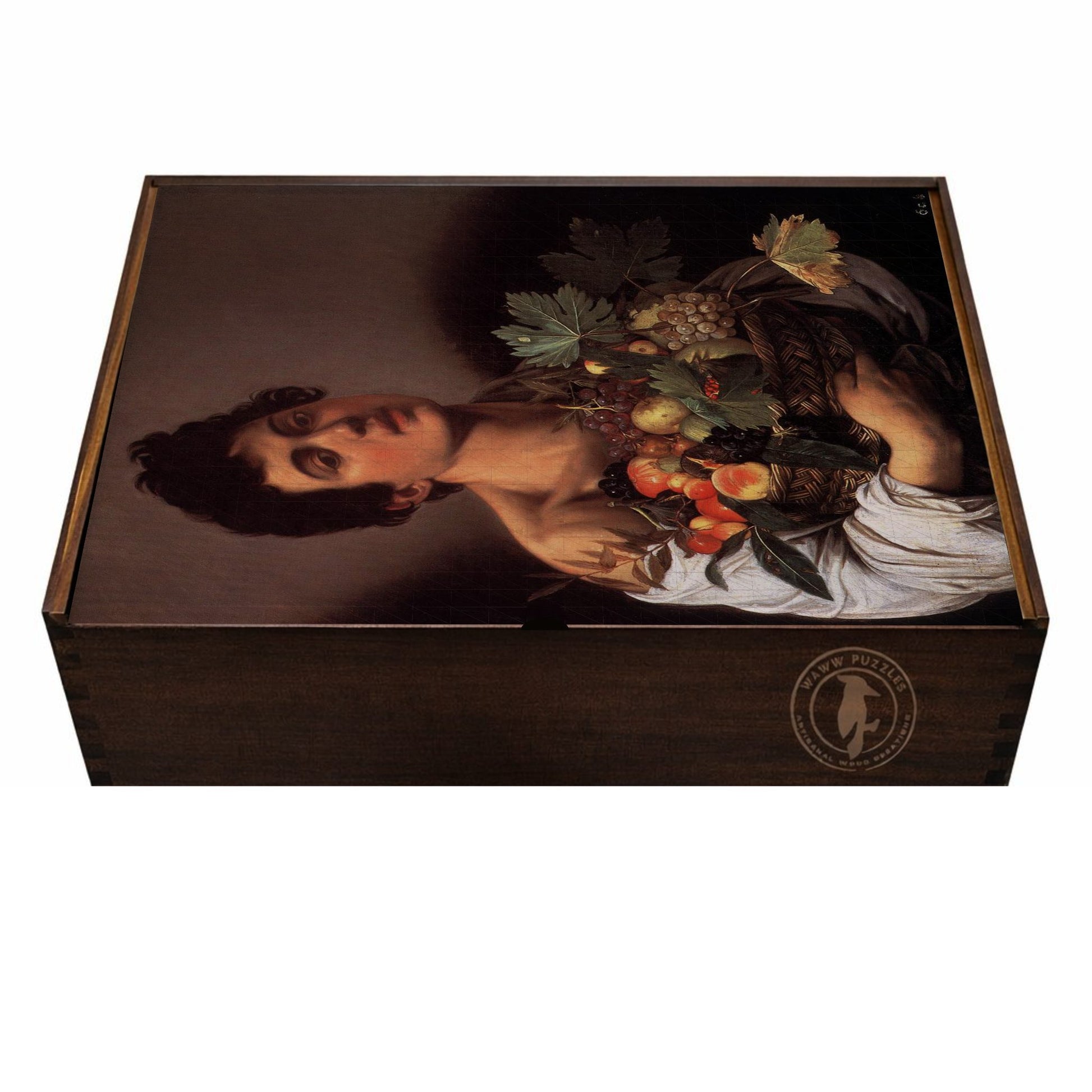 Artisanal wooden puzzle box featuring Caravaggio's Basket of Fruit artwork.