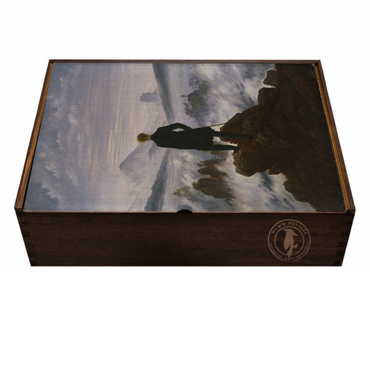 Premium wooden puzzle box featuring artwork of Friedrich's Wanderer above the Sea of Fog