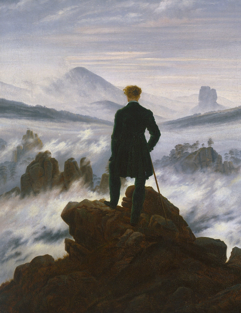 Friedrich's Wanderer above the Sea of Fog depicting a lone figure on rocky precipice amidst fog