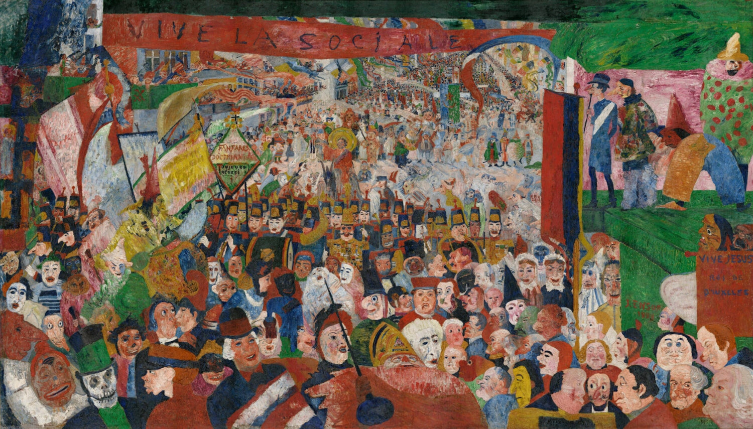 James Ensor's chaotic, colorful depiction of Christ's Entry into Brussels in 1889 with a carnival-like procession.