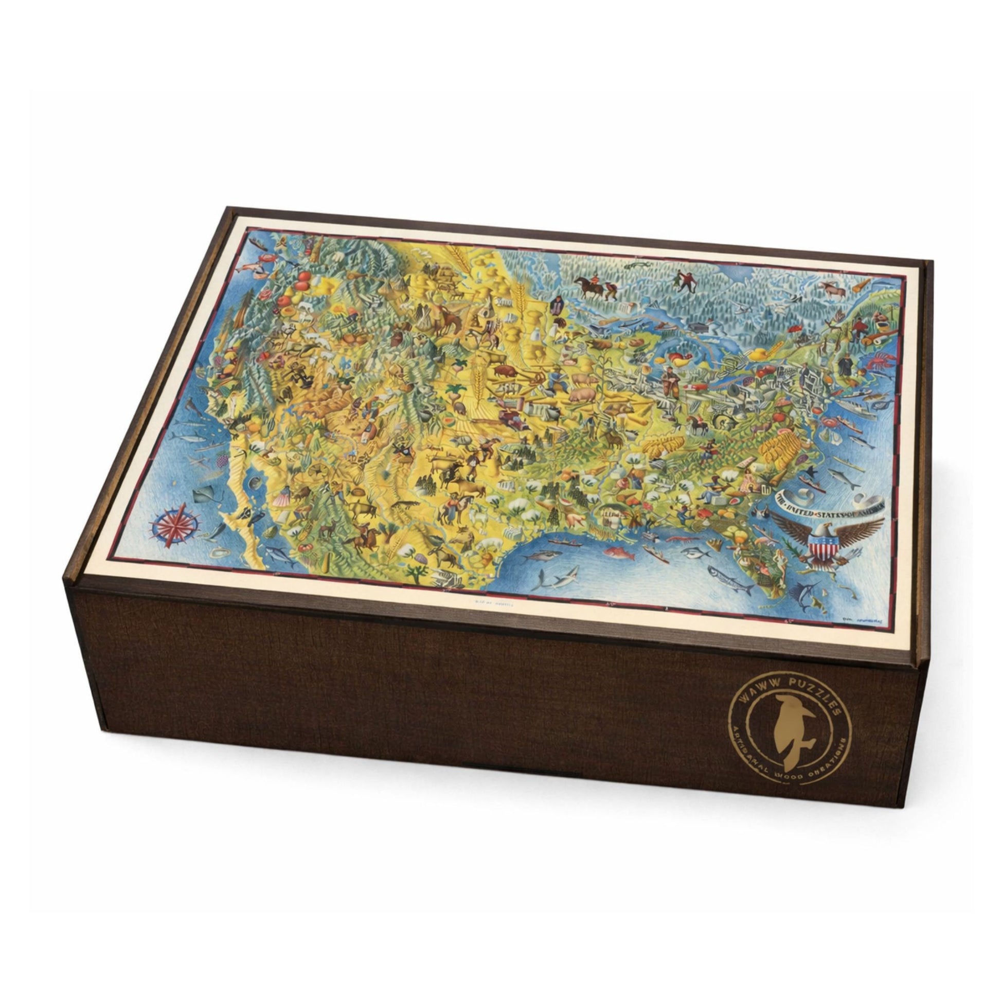 Handcrafted wooden puzzle box featuring Miguel Covarrubias’s illustrated Map of the United States, 1940s pictorial design