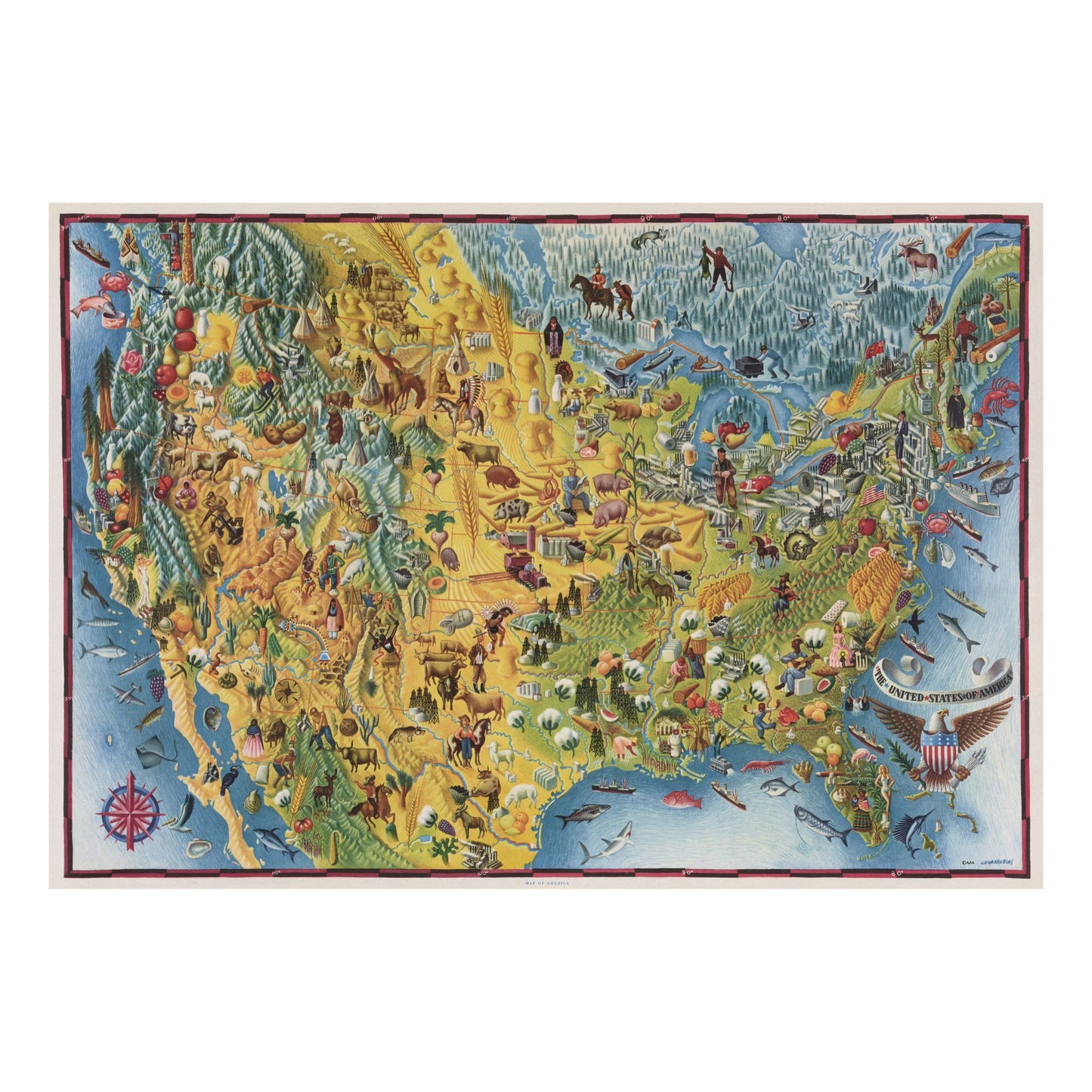 Colorful 1940s pictorial map of the United States by Miguel Covarrubias, filled with regional illustrations and Americana icons