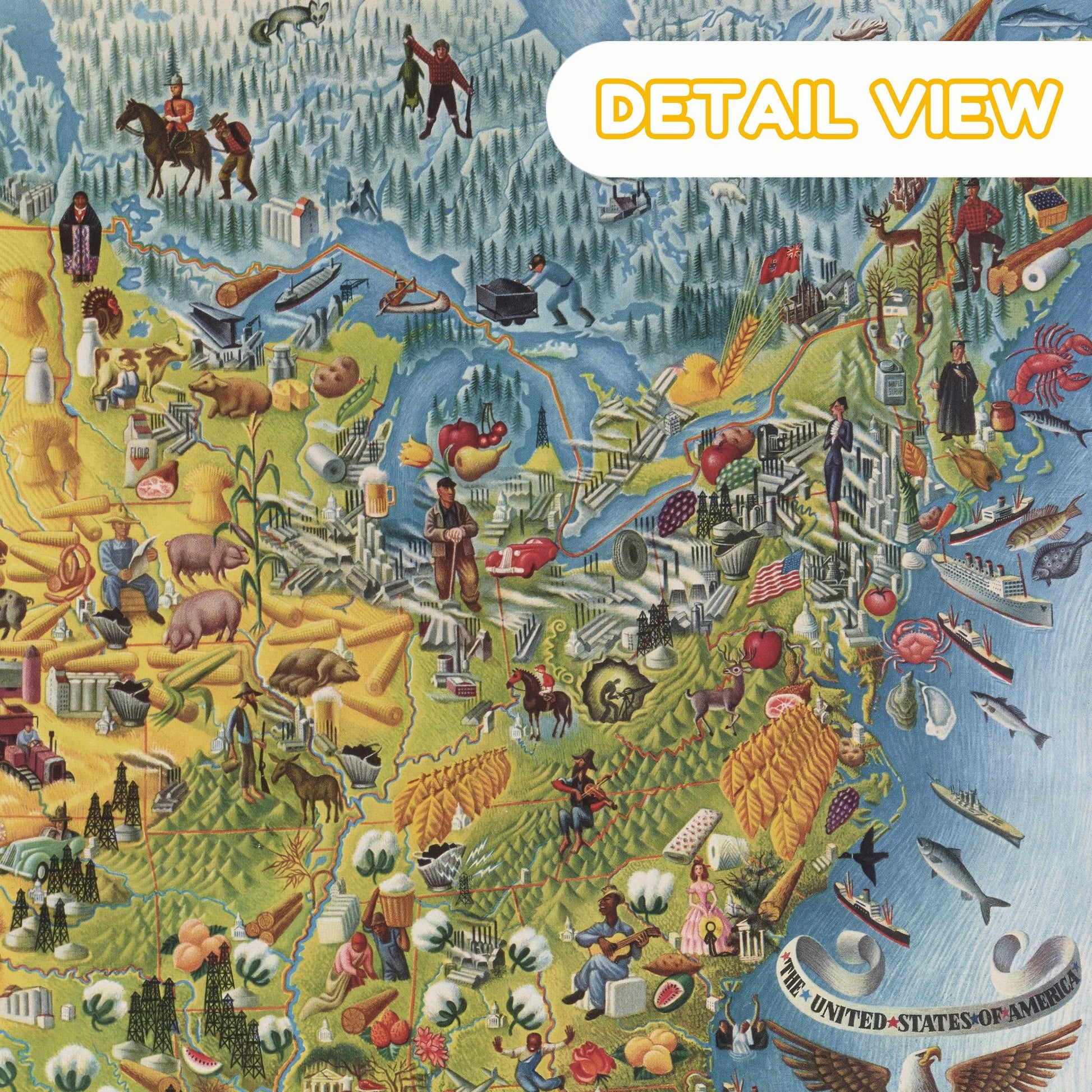 Close-up of Covarrubias’s illustrated map showing the eastern United States with factories, crops, lobsters, and musicians