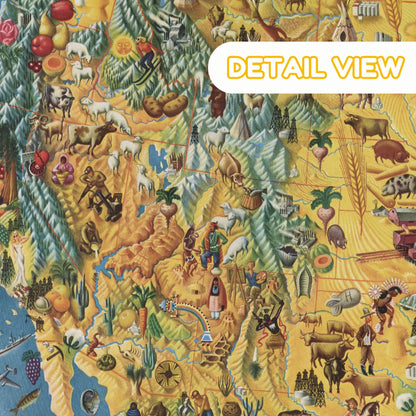 Vintage puzzle detail of the American Southwest and Rocky Mountains, with cattle, miners, and cultural illustrations by Covarrubias. Covarrubias’s depiction of California and Pacific Coast with fruit, wildlife, fishing, and mid-century icons in vibrant colors