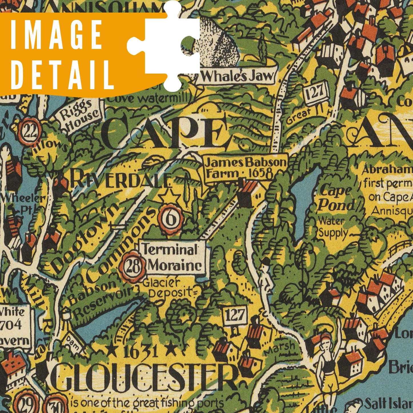 Vintage Cape Ann North Shore COVER Map | Wooden Jigsaw Puzzle | Essex County Massachusetts