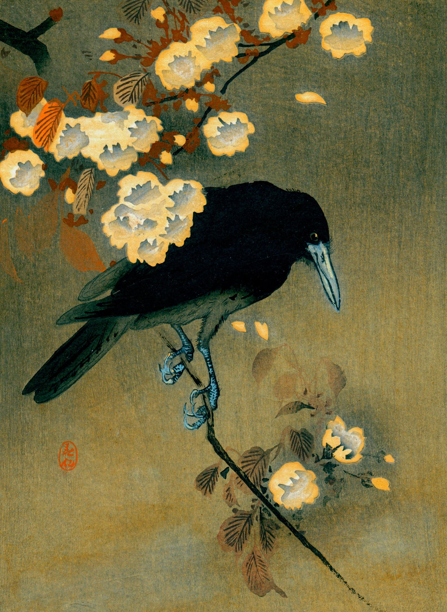 Traditional Japanese artwork of a crow on a branch with yellow flowers