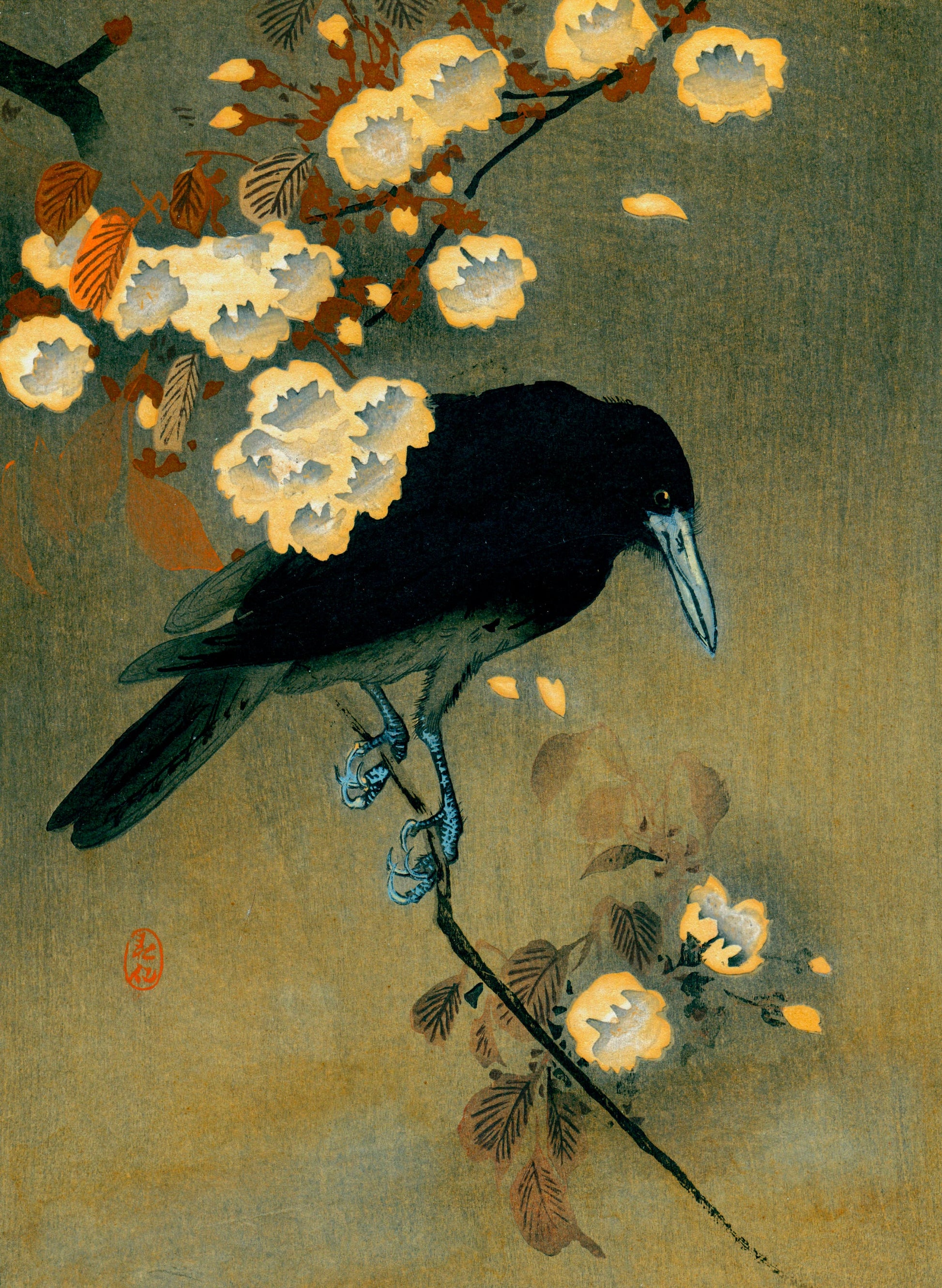 Traditional Japanese artwork of a crow on a branch with yellow flowers