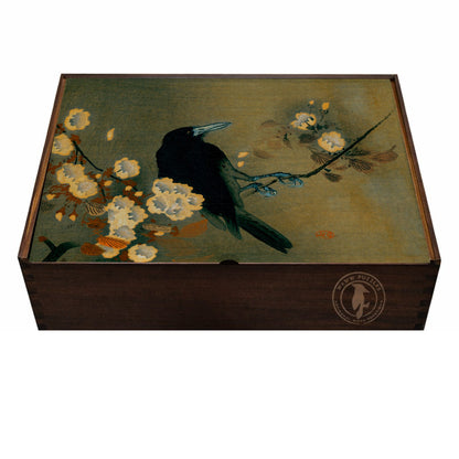 Decorative wooden puzzle  box with a crow artwork by the japanese artist Ohara Koson