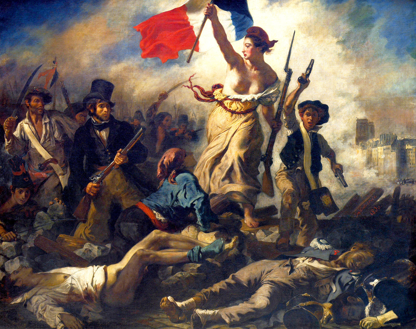 Delacroix's Liberty Leading the People depicting Liberty leading revolutionaries with a tricolor flag.