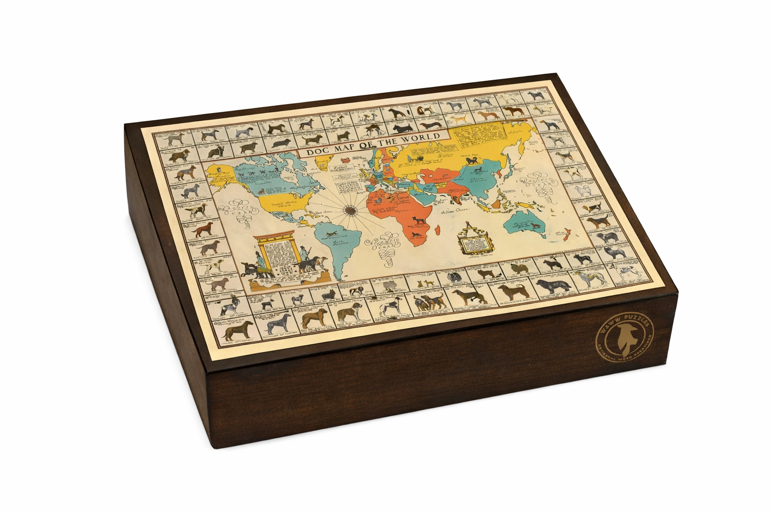 Artisanal wooden puzzle box featuring Sims' Dog Map of the World with visible artwork and elegant lettering.
