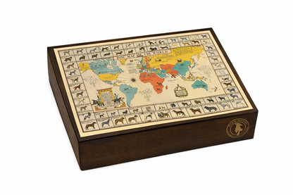 Artisanal wooden puzzle box featuring Sims' Dog Map of the World with visible artwork and elegant lettering.