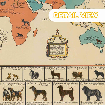 Detail showing dog breeds positioned in their native lands with vibrant colors and precise renderings.
