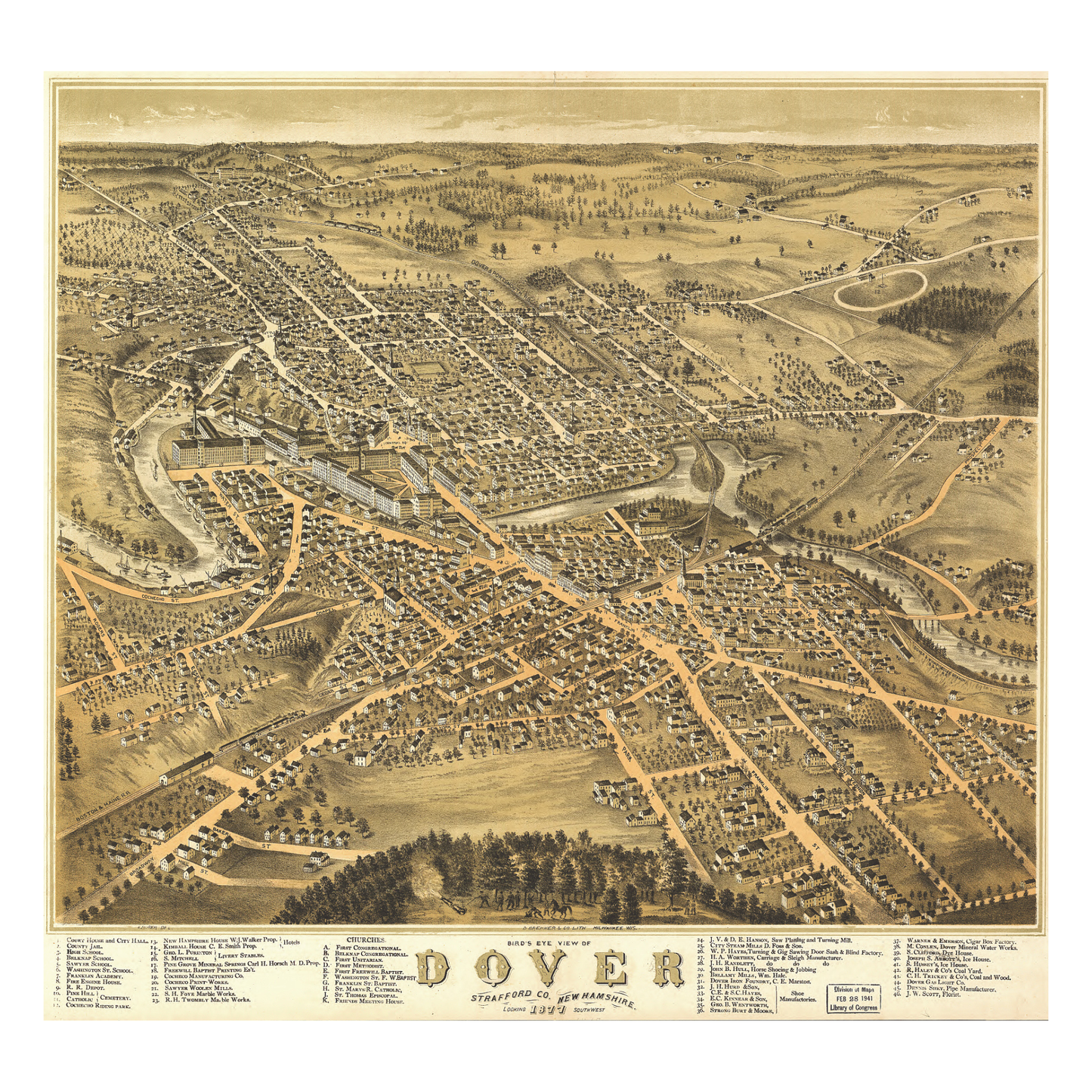 Dover New Hampshire Vintage Bird's Eye View -  Wooden Puzzle