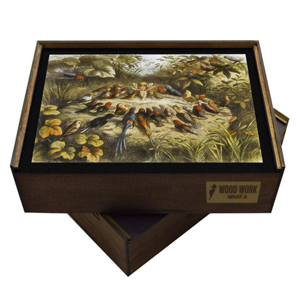 A beautifully detailed Victorian-era wooden jigsaw puzzle featuring Doyle’s Fairy Land, depicting Queen Mab surrounded by fairies, elves, and goblins in a lush, enchanted landscape. A must-have for fantasy and mythology lovers.