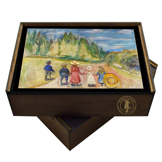 Edvard Munch's 'The Fairytale' puzzle in handcrafted wooden box. Eerie forest scene with ghostly white tree trunks, capturing Munch's signature expressionist style