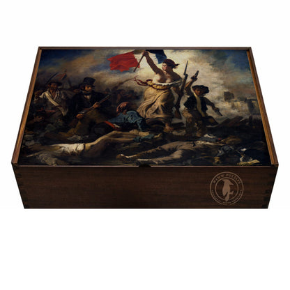 Artisanal wooden puzzle box featuring Delacroix's Liberty Leading the People artwork.