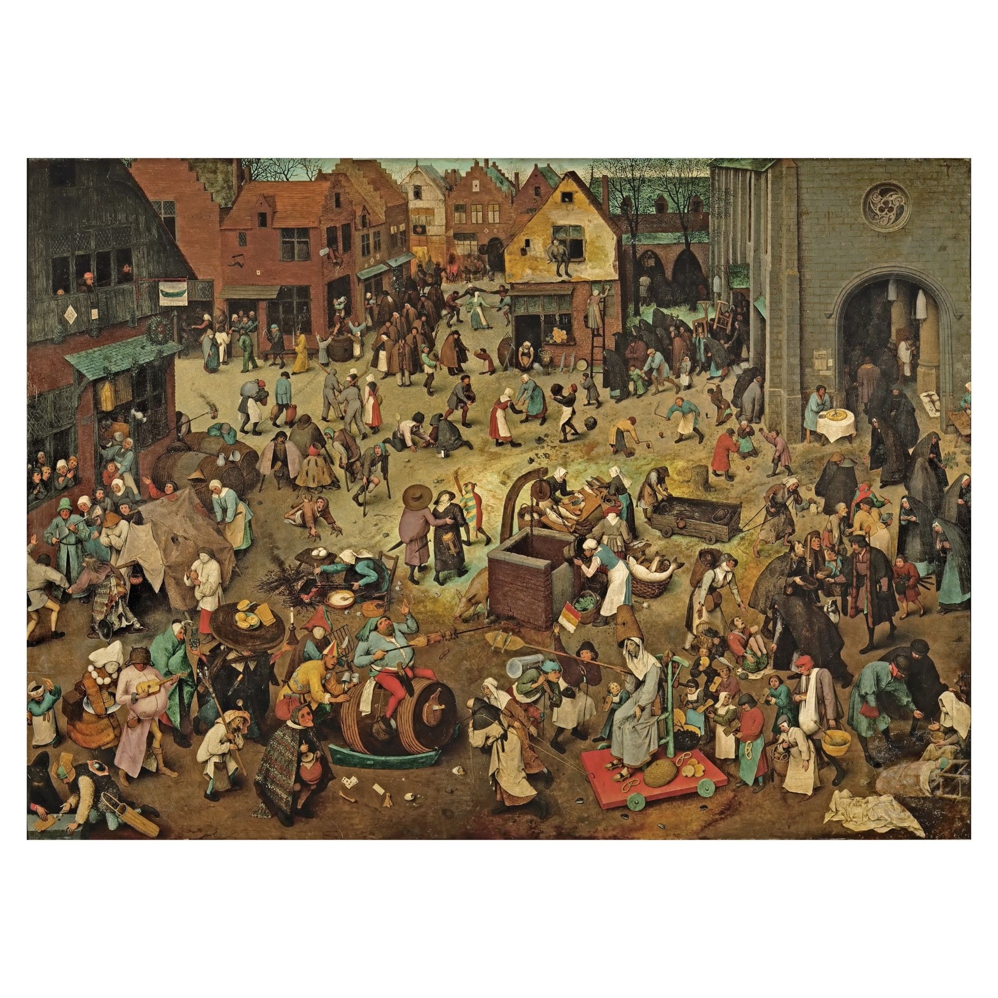 Wooden jigsaw puzzle of Bruegel's 'Fight Between Carnival and Lent' (1559) - allegorical Renaissance masterpiece of medieval life