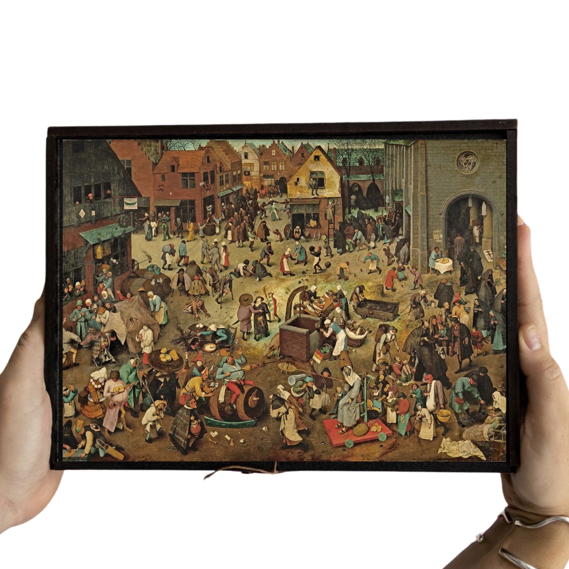 Wooden jigsaw puzzle of Bruegel's 'Fight Between Carnival and Lent' (1559) - allegorical Renaissance masterpiece of medieval life