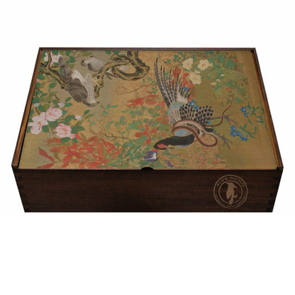 Artisan wooden puzzle box featuring Kyosai's Flowers and Birds artwork