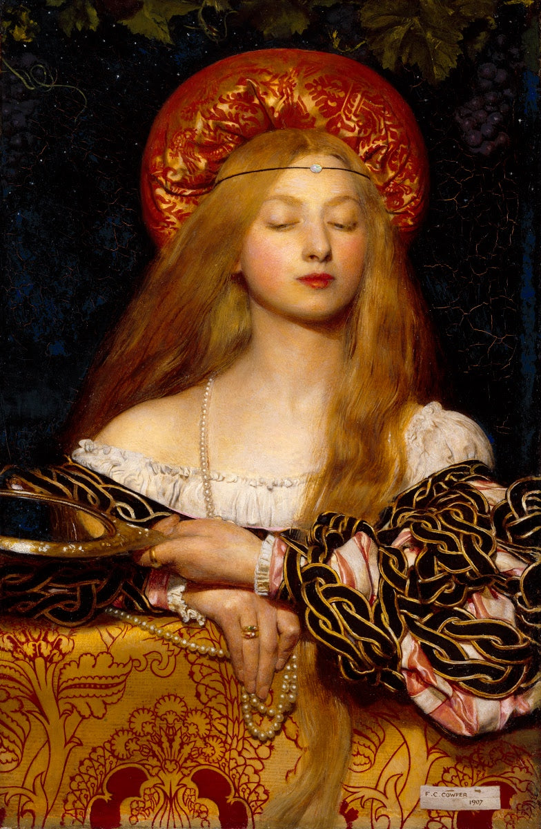 Cowper's Vanity showcasing a woman with rich attire in a luxurious setting, reflecting on beauty and impermanence.