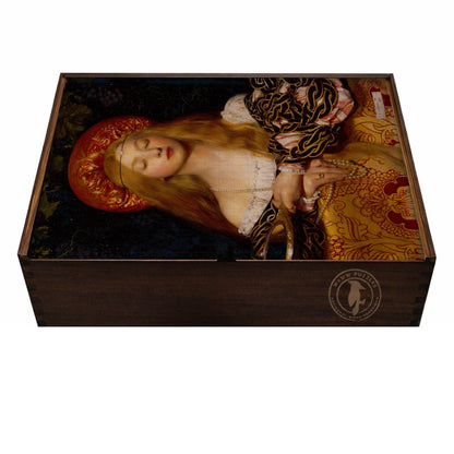 Artisan wooden puzzle box adorned with Cowper's Vanity, emphasizing elegance and intricate detail.