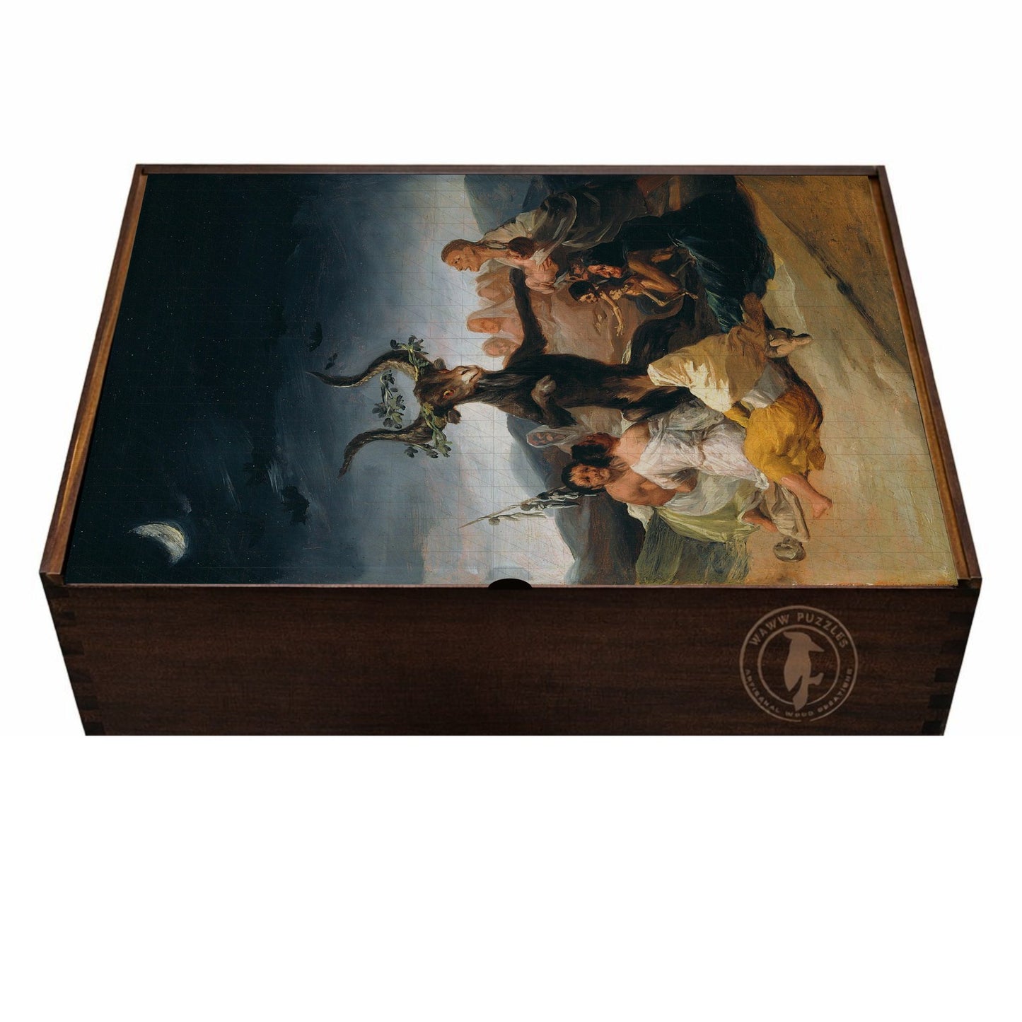 Premium wooden puzzle box featuring Goya's 'Witches' Sabbath' art