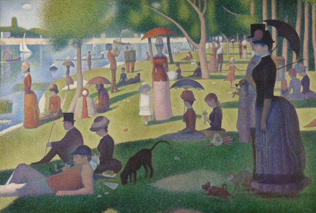 Seurat's A Sunday Afternoon depicting leisurely Parisians in a park with vibrant dots of color